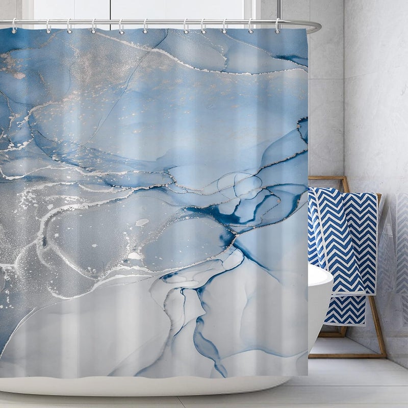 AWERT Blue Marble Shower Curtain for Bathroom Modern Blue White Marble Ink Shower Curtain with Hooks Washable Bathroom Accessories Bathtub Decor 72x72inch - Image 1